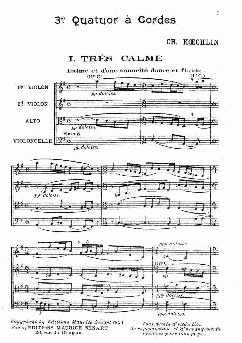 Koechlin, Charles - String Quartet No.3, Op.72 - A4 Score